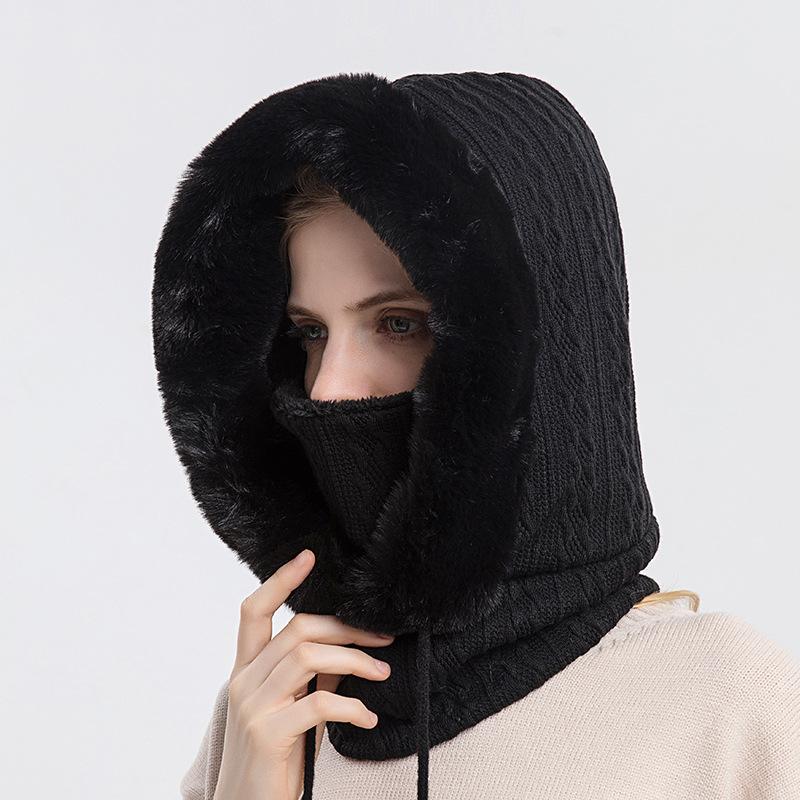Slouchy Fleece Beanie Hats Scarf Mask Warmer Hooded Winter Pullover Knitted Hat--black