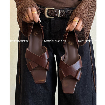 Women's Handmade Full - Grain Leather Crisscross Flat Sandals, Square - Toe Side