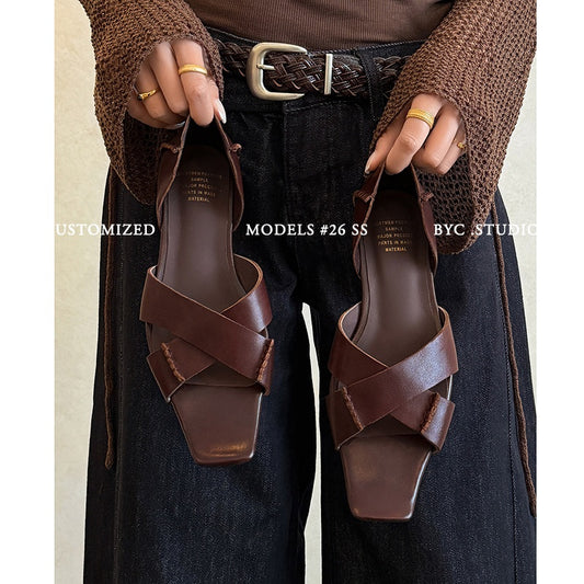 Women's Handmade Full - Grain Leather Crisscross Flat Sandals, Square - Toe Side