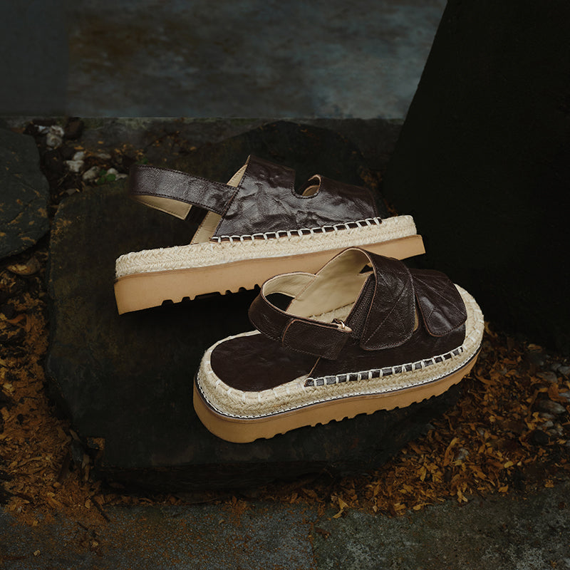 Women's Handmade Full - Grain Sheepskin Espadrille Platform Sandals, Adjustable