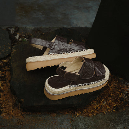 Women's Handmade Full - Grain Sheepskin Espadrille Platform Sandals, Adjustable