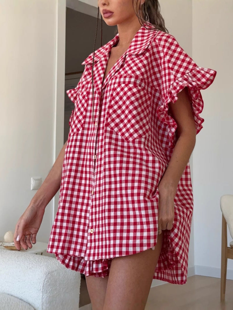Ensemble Chemise à Volants Carreaux + Short Taille Haute