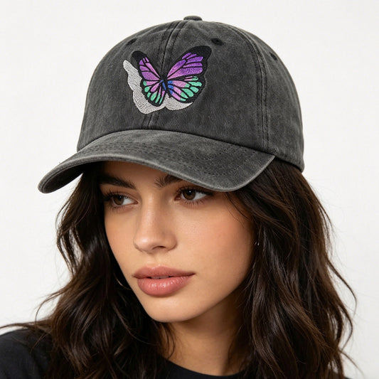 2pcs Vintage Washed Cotton Baseball Cap For Women Men, Cute Butterfly Embroidered Low Profile Hat, Adjustable Unstructured Trucker Cap For Outdoor Travel