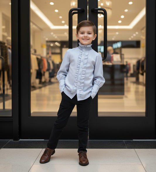 Boys Cotton Shirt Long Sleeve Formal Casual Top Blue Grey Kids 3-14Y