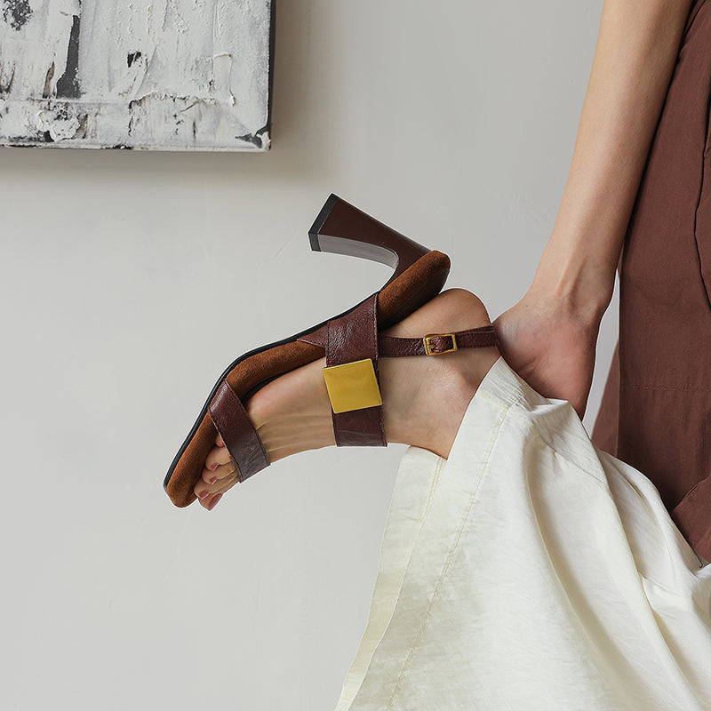 Women's Handmade Full - Grain Sheepskin Block Heel Sandals, Square - Toe Slingba