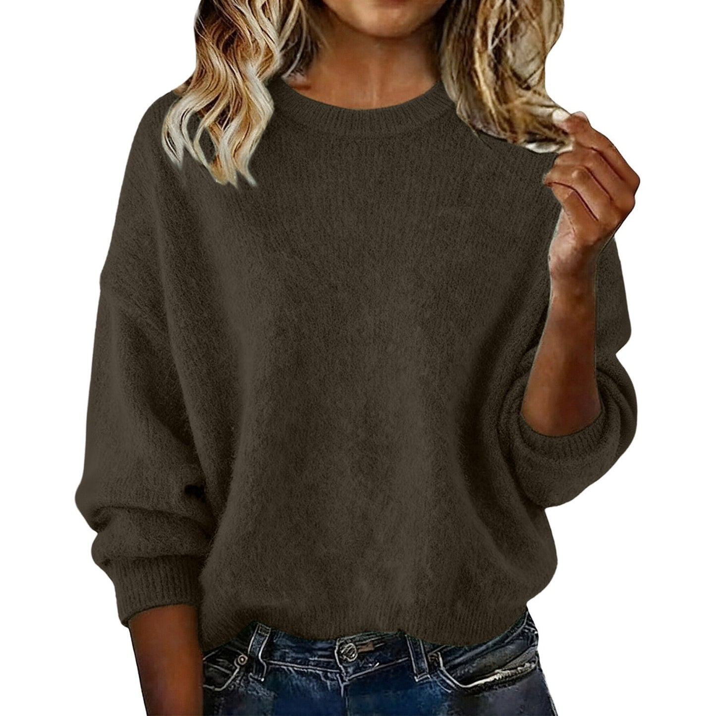Pull Femme Col Rond Uni - Maille Ample Décontractée Automne