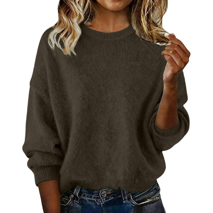 Pull Femme Col Rond Uni - Maille Ample Décontractée Automne