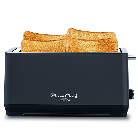 Grille-pain 4 tranches, fentes extra-larges longues, 6 niveaux, bagel, décongélation, inox, noir mat