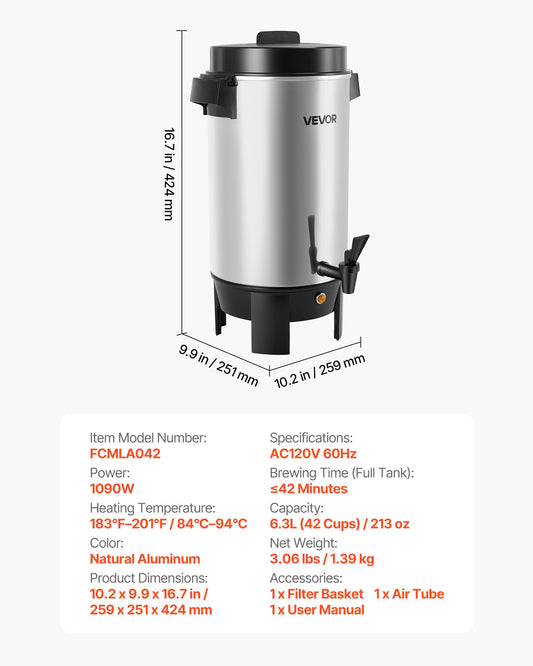 Commercial Coffee Urn, 40 Cup 203oz Hot Beverage Dispenser With Dripless Faucet, 1090W Quick-Brewing Coffee Maker, Automatic Temperature Control, For Catering, Party, Church & Restaurant