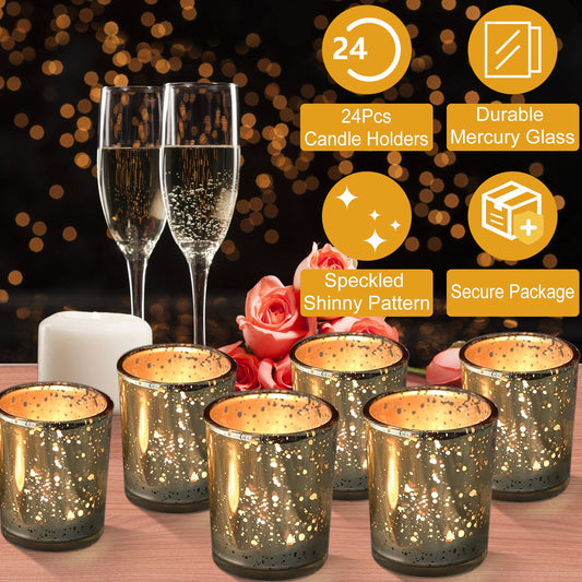 24Pcs Gold Votive Tealights Candle Holders For Party Mercury Glass Shinny Candle Holders For Wedding Birthday Party Home Decoration Table Centerpiece