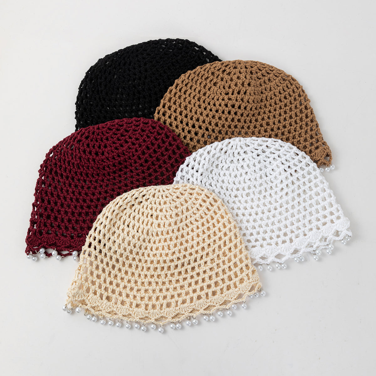 Cross-border Bestseller Spring Autumn Thin Hollow Out Hand-Knitted Beaded Woolen Hat, Beanie Skull Cap
