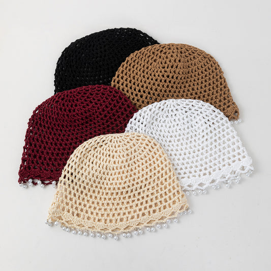 Cross-border Bestseller Spring Autumn Thin Hollow Out Hand-Knitted Beaded Woolen Hat, Beanie Skull Cap
