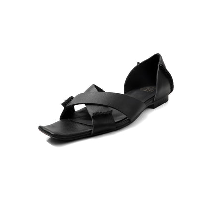 Women's Handmade Full - Grain Leather Crisscross Flat Sandals, Square - Toe Side