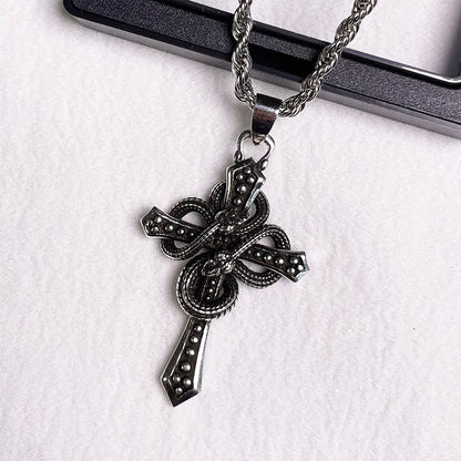 Collier Pendentif Croix Serpent Chaîne Torsadée - Style Gothique Punk