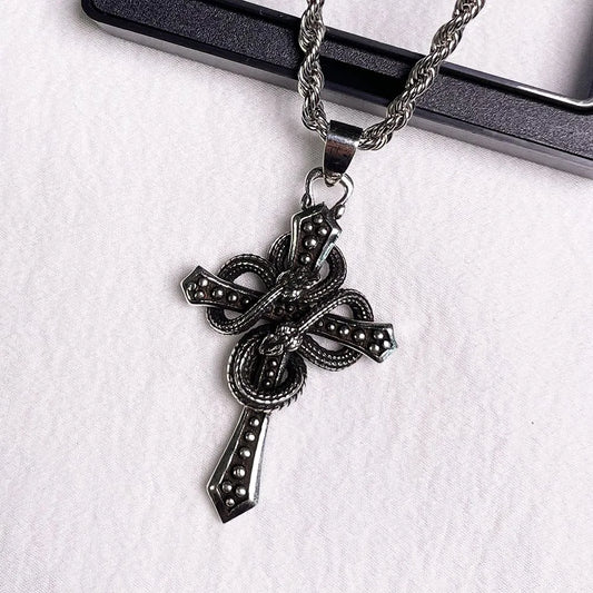 Collier Pendentif Croix Serpent Chaîne Torsadée - Style Gothique Punk