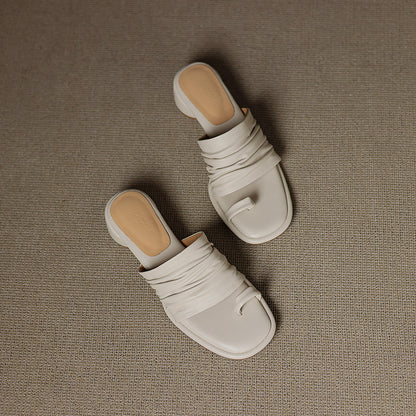 Women's Handmade Genuine Sheepskin Ruched Toe - Loop Block Heel Mules, Square