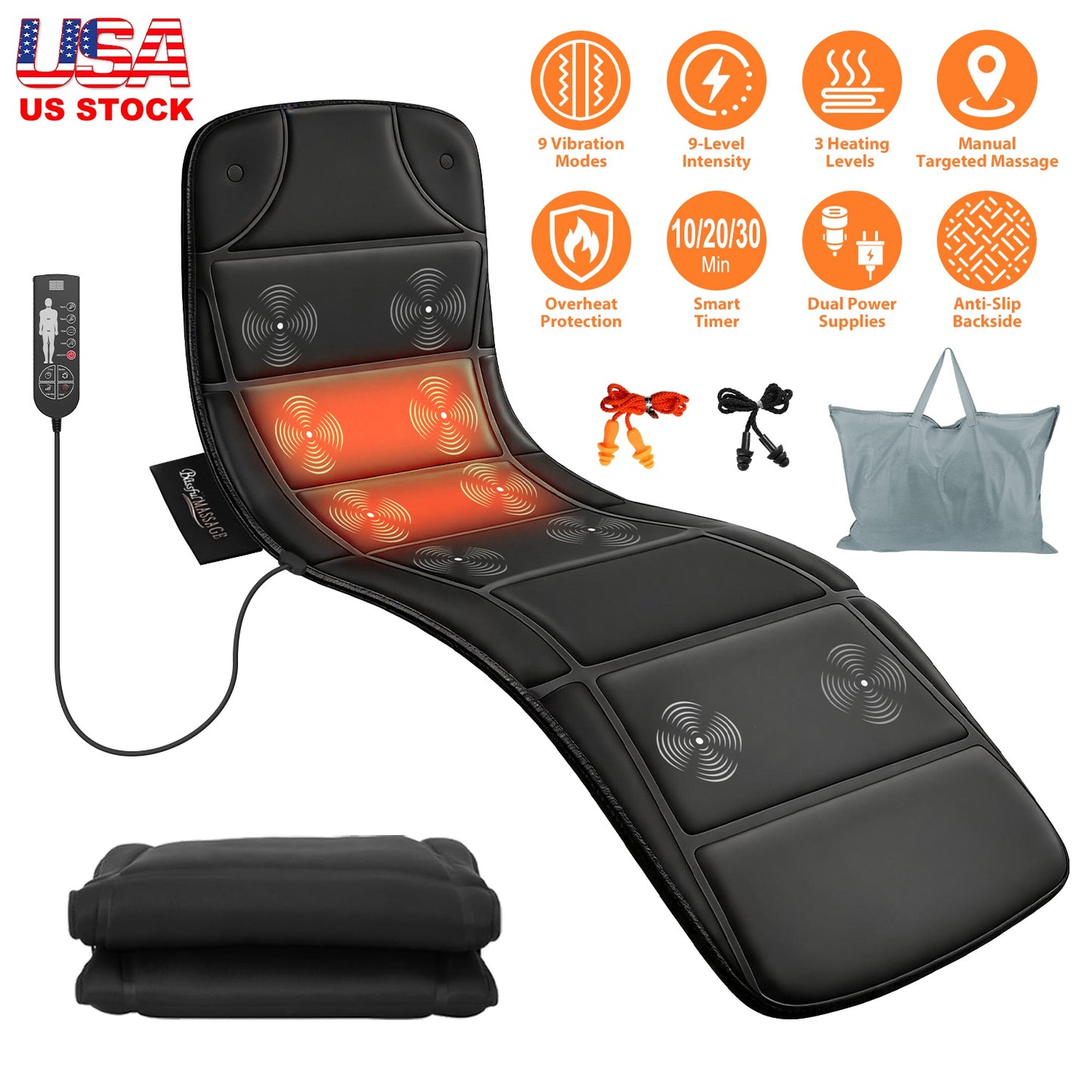 Vibration Massage Mat With Heat Full Body Massage Mattress Pad Electric Heated Massager With 10 Motors 9 Modes 9 Intensities 3 Heating Levels 3 Timer With Storage Bag Earplugs Car Charger For Neck Ba