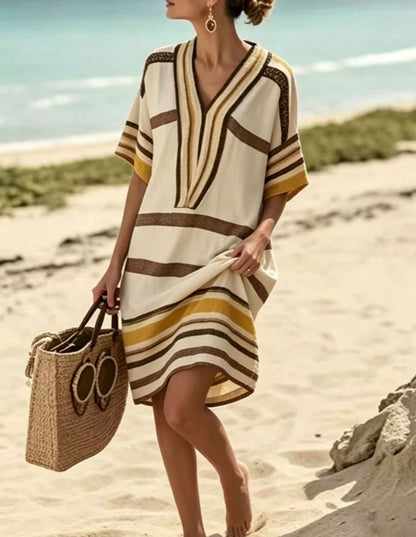 Robe Midi Rayée Col V - Coupe Ample Décontractée Été 2026