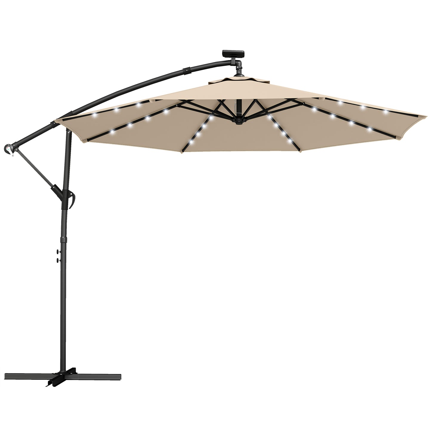 Ampelschirm LED Solar Ca. Ø300 Cm Drehbar Sonnenschirm Mit Kurbel Ständer Schutzhülle Beige