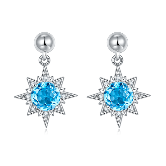 Boucles d'Oreilles Pendantes Argent S925 Étoile - Cristal Bleu 6mm