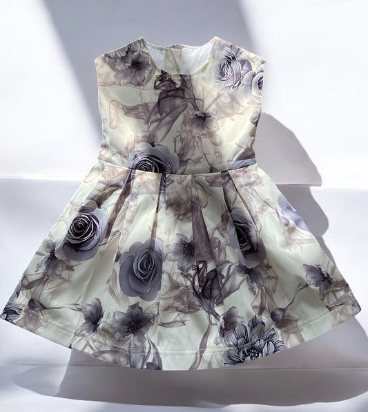 Girls Smoke Grey Summer Dree Floral Cocktail Dress With Elegant Bow 1-9Y
