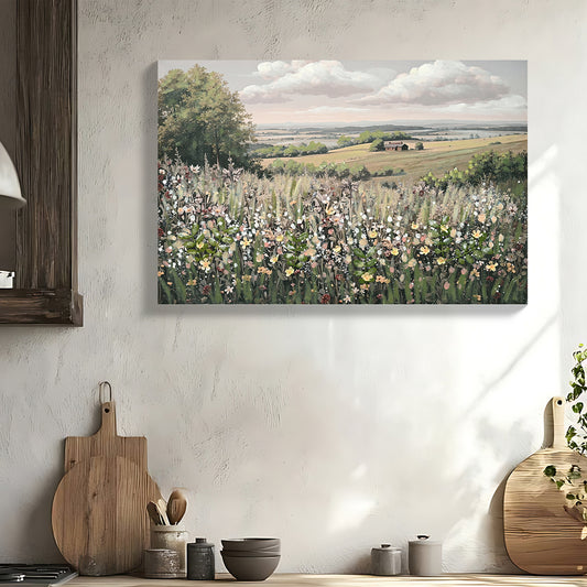 Framed Canvas Wall Art Vintage Decor, Landscape Wall Art, Meadow With Flowers Art, Modern Farmhouse Decor, Cottagecore Bedroom Bathroom Office Decorations, 24x36
