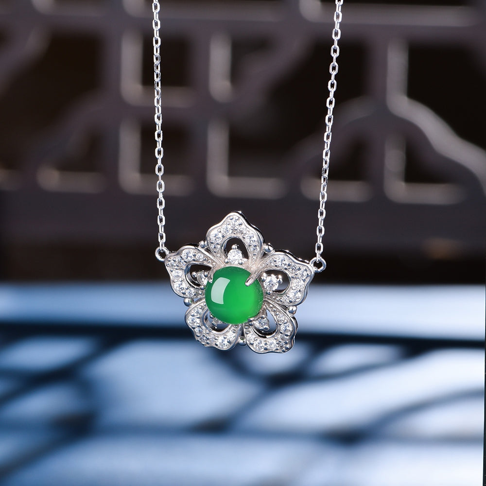 Collier Argent S925 Trèfle Fleur - Pendentif Chrysoprase Verte 8mm