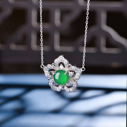 Collier Argent S925 Trèfle Fleur - Pendentif Chrysoprase Verte 8mm